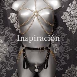 Arnés de 2 piezas negro con cadenas doradas - Imagen 1