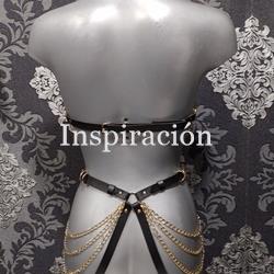 Arnés de 2 piezas negro con cadenas doradas - Imagen 2